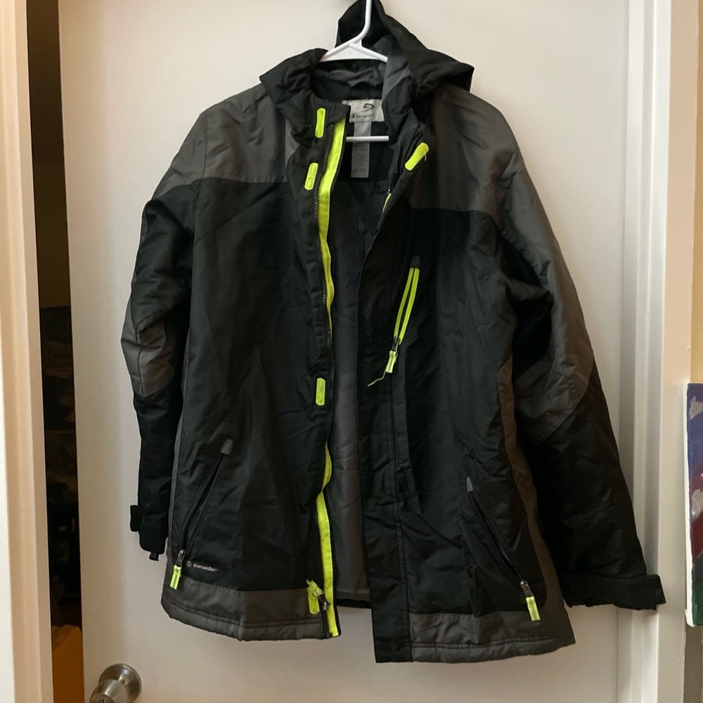 Champion Jacket with Black, Gray, and Neon Yellow Highlights
